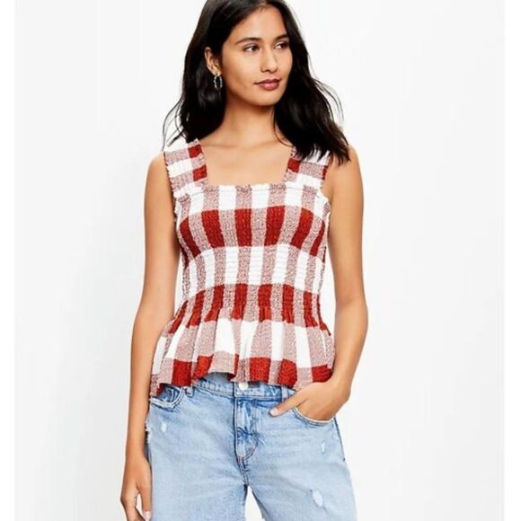 Loft Rust & White Smocked Stretchy Peplum Sleeveless Top - Picture 1 of 10